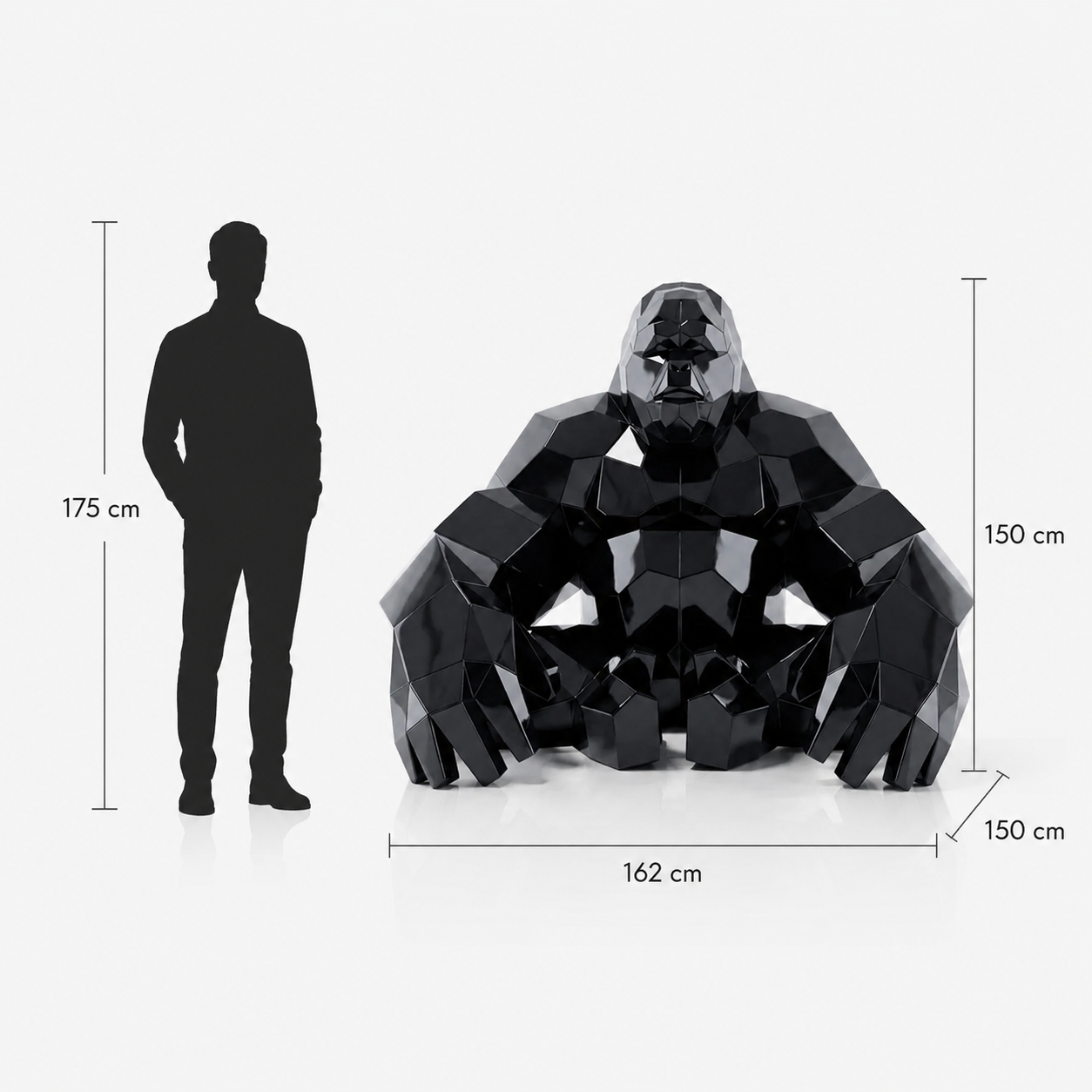 This visual presents the Large Faceted Gorilla Sculpture in real scale, compared to a 175 cm human silhouette. With a height of 150 cm, this geometric gorilla sculpture creates a strong, modern, and expressive presence. Inspired by polygonal art and origami style, it fits perfectly into villas, hotels, gardens, terraces, showrooms, reception halls, art galleries, and premium entrances.