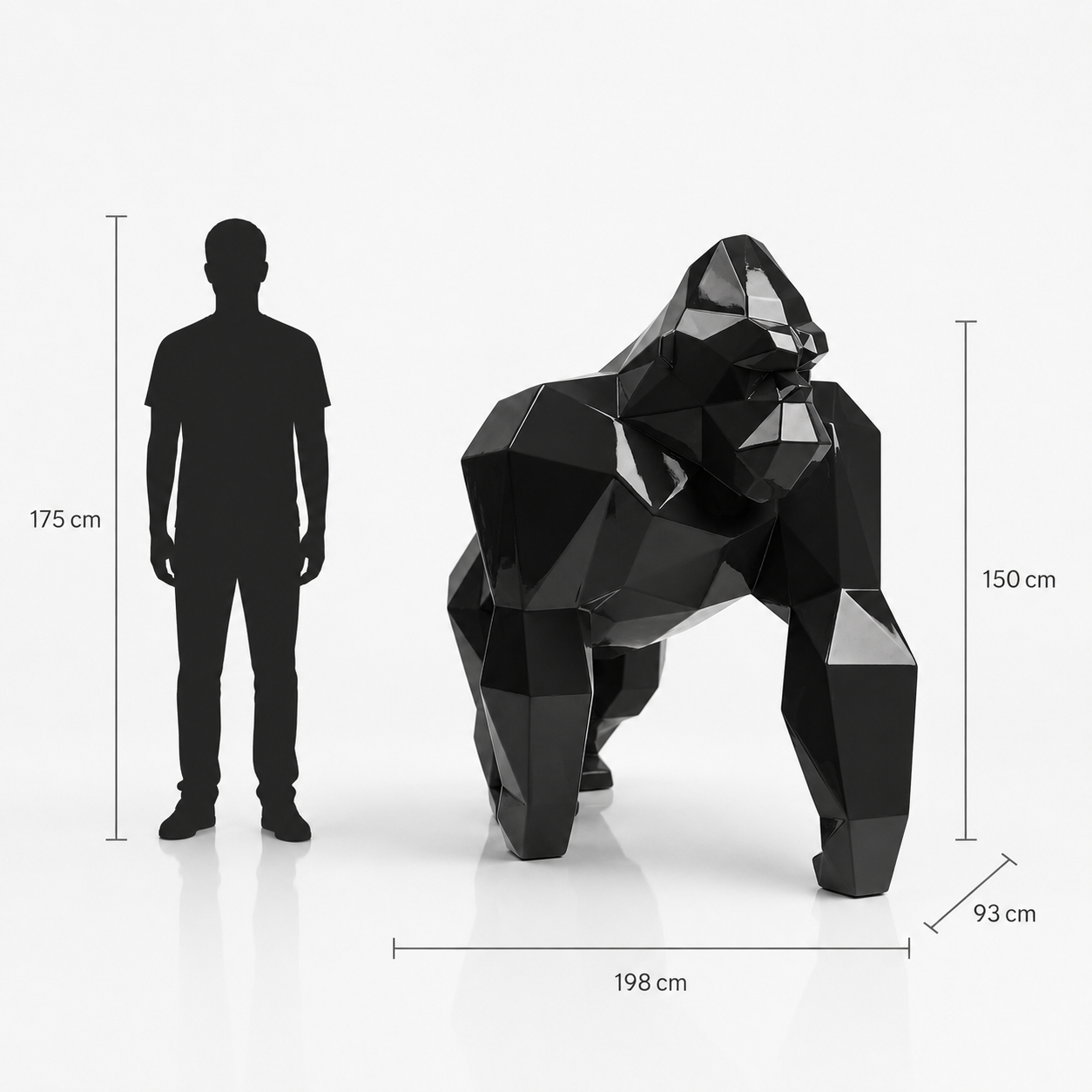 This visual presents the Large Minimalist King Kong Sculpture in real scale, compared to a 175 cm human silhouette. With a height of 150 cm, this gorilla sculpture offers a strong, elegant, and contemporary presence. Its clean faceted design, inspired by modern polygonal art, makes it an ideal decorative statement piece for villas, hotels, gardens, terraces, showrooms, reception halls, art galleries, and premium entrances.