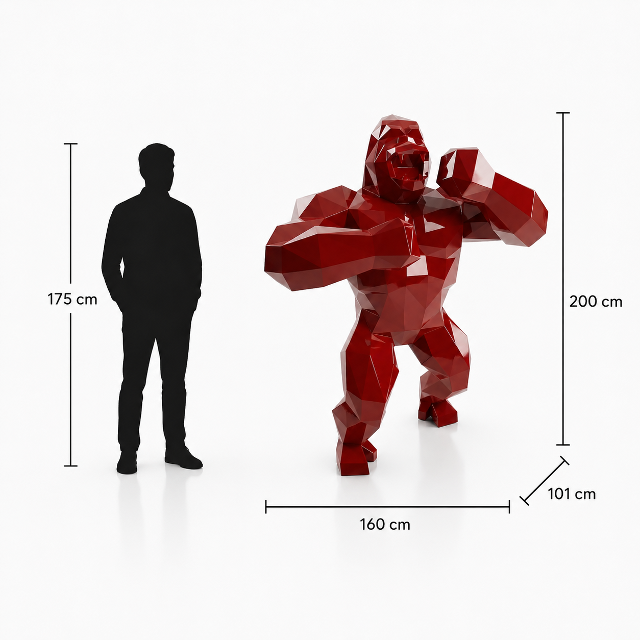 This visual presents the Large Polygon King Kong Sculpture in real scale, compared to a 175 cm human silhouette. With a height of 200 cm, this monumental gorilla sculpture creates a powerful, bold, and distinctly contemporary presence. Its polygonal design, inspired by geometric art and origami style, makes it a remarkable decorative statement piece for villas, hotels, gardens, showrooms, reception halls, art galleries, and premium entrances.