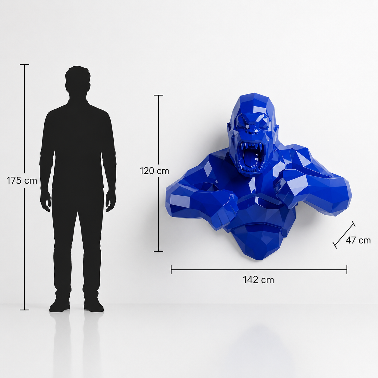 This visual presents the Large Polygon King Kong Torso Sculpture in real scale, compared to a 175 cm human silhouette. With a height of 120 cm, this decorative sculpture creates a powerful, modern, and sculptural presence. Its polygonal design, inspired by geometric art and origami style, highlights the expressive strength of the gorilla torso and makes it an ideal statement piece for villas, hotels, offices, showrooms, reception halls, art galleries, and high-end interior spaces.