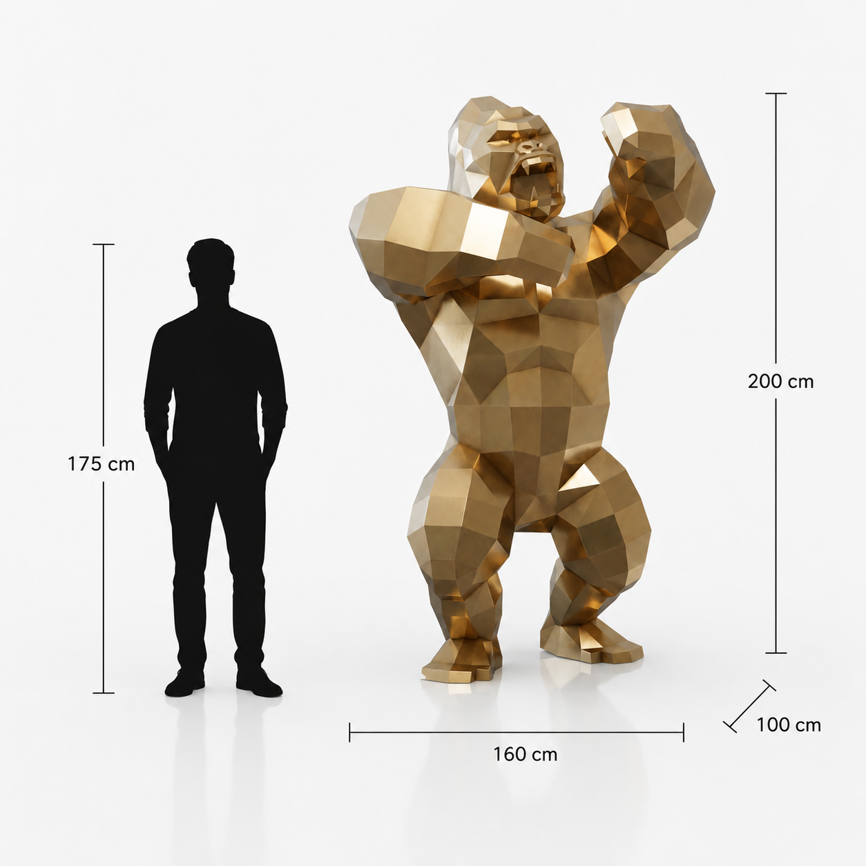 This visual presents the Standing Faceted Gorilla Sculpture in real scale, compared to a 175 cm human silhouette. With a height of 200 cm, this monumental standing gorilla sculpture creates a powerful, imposing, and contemporary presence. Its faceted design, inspired by polygonal art and origami style, makes it an ideal decorative statement piece for villas, hotels, gardens, showrooms, reception halls, art galleries, professional spaces, and premium entrances.