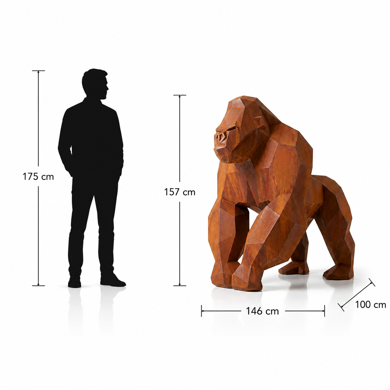 This visual presents the Faceted Geometric Gorilla Sculpture in real scale, compared to a 175 cm human silhouette. With a height of 157 cm, this gorilla sculpture creates a strong, modern, and perfectly balanced presence. Its faceted geometric design, inspired by polygonal art and origami style, makes it an ideal decorative statement piece for villas, hotels, gardens, terraces, showrooms, reception halls, art galleries, and premium entrances.