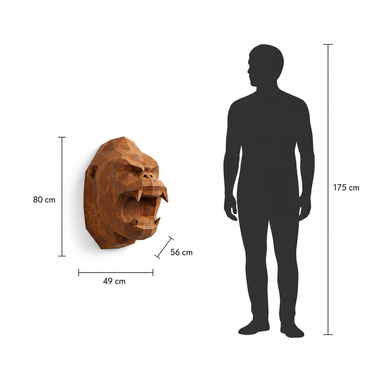 This visual presents the Geometric Gorilla Head Statue in real scale, compared to a 175 cm human silhouette. With a height of 80 cm, this decorative sculpture creates an elegant, modern, and expressive presence. Its faceted geometric design, inspired by polygonal art and origami style, makes it an ideal piece for indoor spaces such as living rooms, offices, reception halls, showrooms, design boutiques, and high-end decorative interiors.