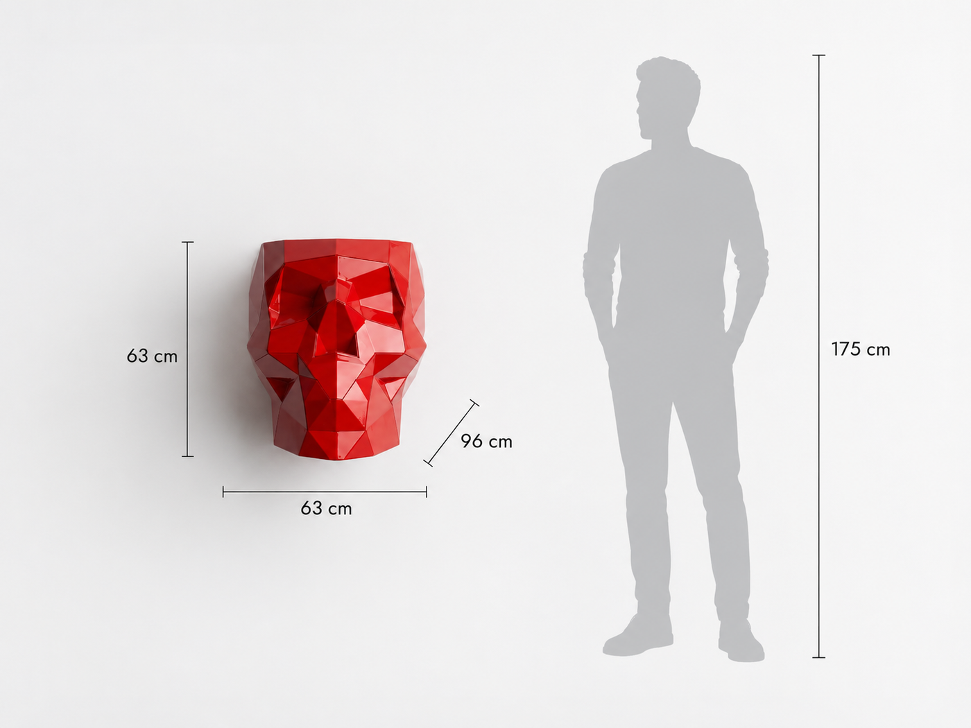 This visual presents the Faceted Skull-Shaped Flower Pot Sculpture in real scale, compared to a 175 cm human silhouette. With a height of 63 cm, this decorative sculpture creates an original, artistic, and distinctly contemporary presence. Its faceted design, inspired by polygonal art and origami style, transforms the flower pot into a true sculptural statement piece, ideal for living rooms, terraces, gardens, reception halls, showrooms, design boutiques, art galleries, and high-end decorative spaces.
