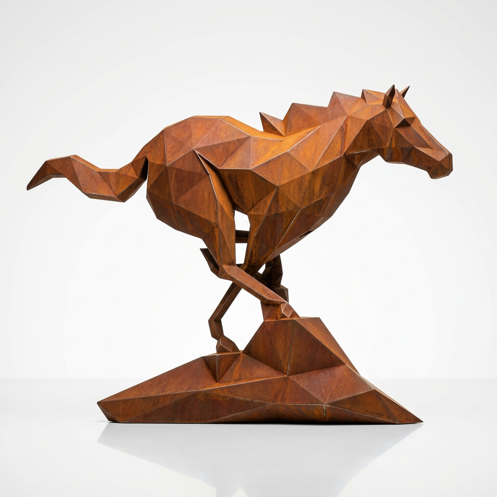 Grande Sculpture Cheval Polygone en Corten - Sculpture Origami