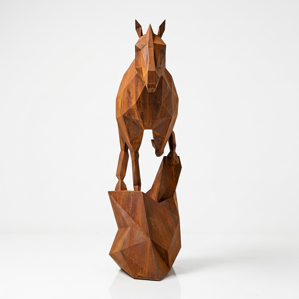 Grande Sculpture Cheval Polygone en Corten - Sculpture Origami