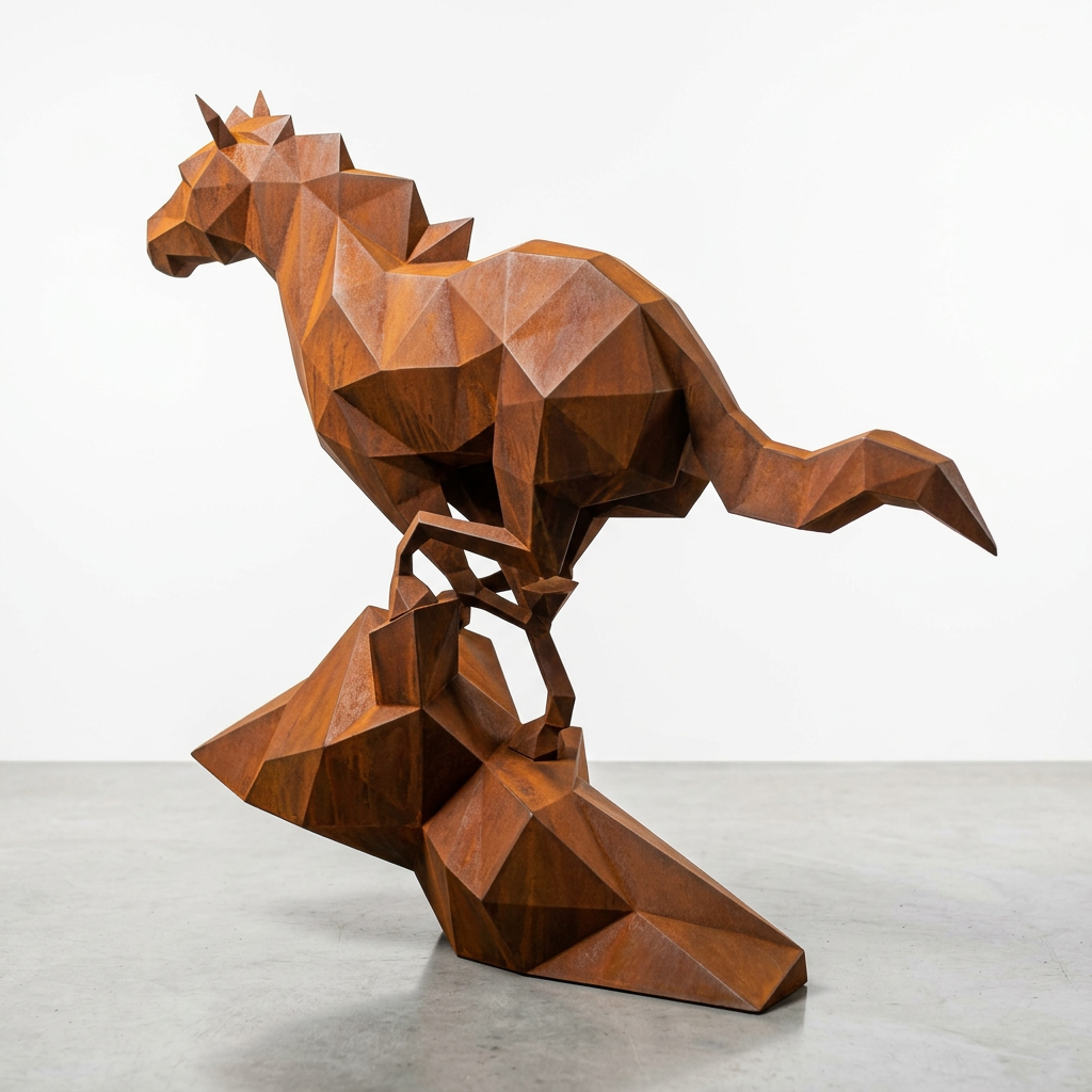 Grande Sculpture Cheval Polygone en Corten - Sculpture Origami