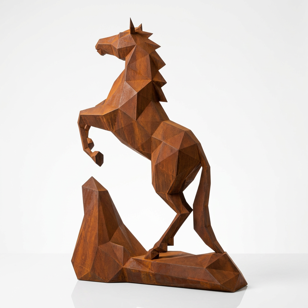Grande Sculpture Cheval Style Origami Polygone en corten - Sculpture Origami