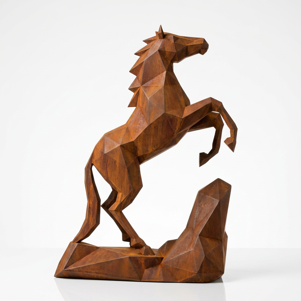 Grande Sculpture Cheval Style Origami Polygone en corten - Sculpture Origami