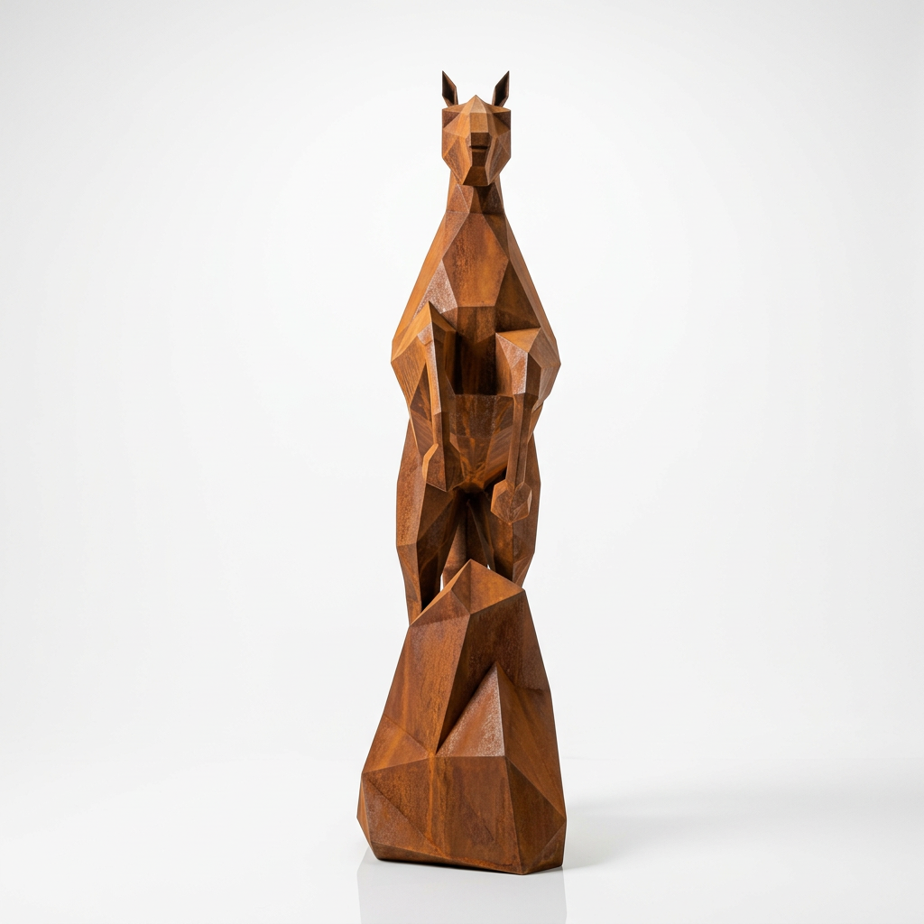 Grande Sculpture Cheval Style Origami Polygone en corten - Sculpture Origami