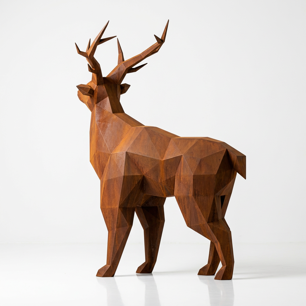 Grande Statue de Cerf Géométrique en Corten - Sculpture Origami