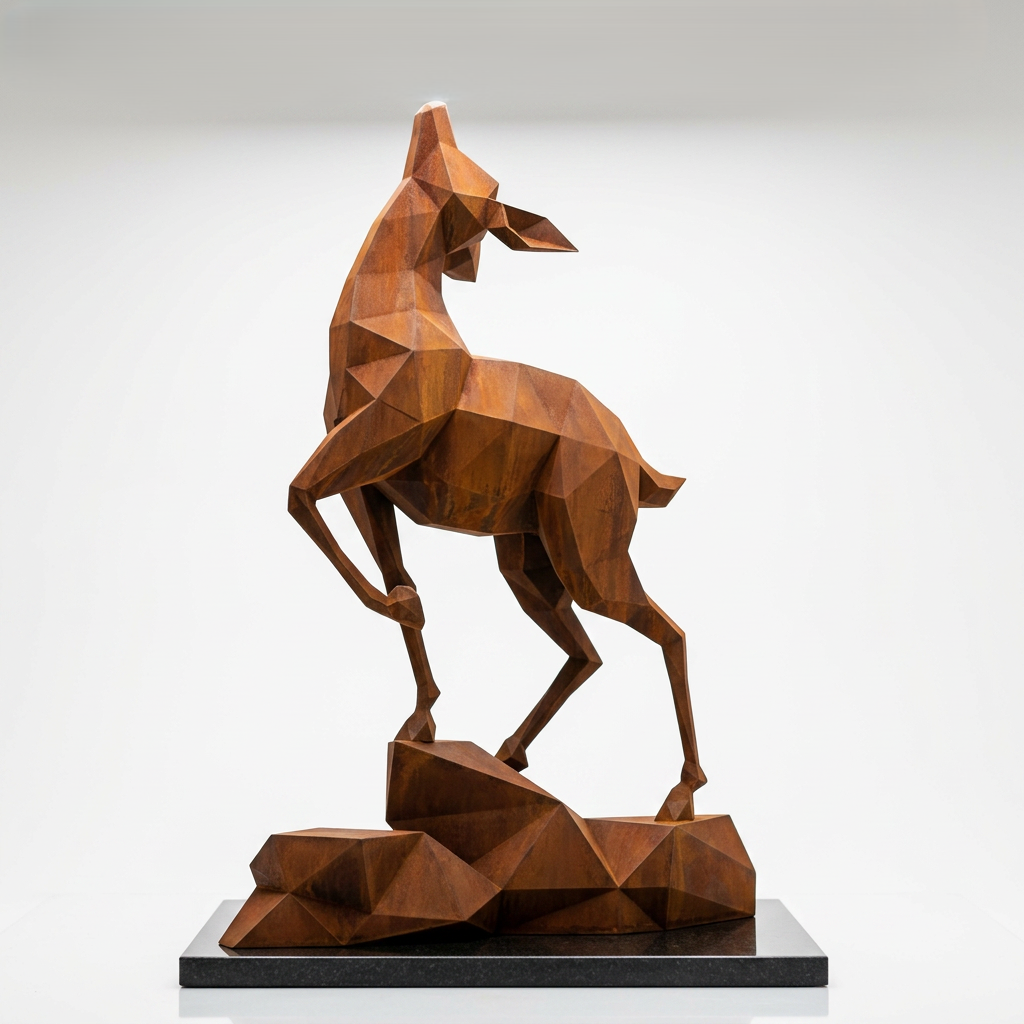 Grande Sculpture Gazelle Polygone Contemporaine en Corten - Sculpture Origami