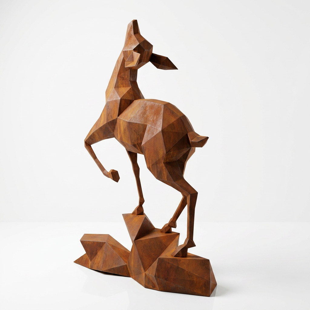 Grande Sculpture Gazelle Polygone Contemporaine en Corten - Sculpture Origami