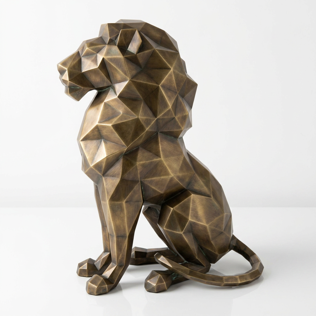 Grande Sculpture Lion Assis Polygone - Sculpture Origami